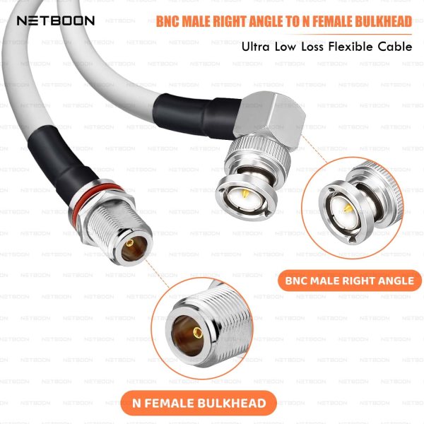RG188 RF Coaxial Cable BNC Male Right Angle to N Female Bulkhead Connector Low-Loss High-Frequency Cable for Test, Telecom & Industrial Use (2) RG188 RF Coaxial Cable BNC Male Right Angle to N Female Bulkhead Connector | Low-Loss High-Frequency Cable for Test, Telecom & Industrial Use