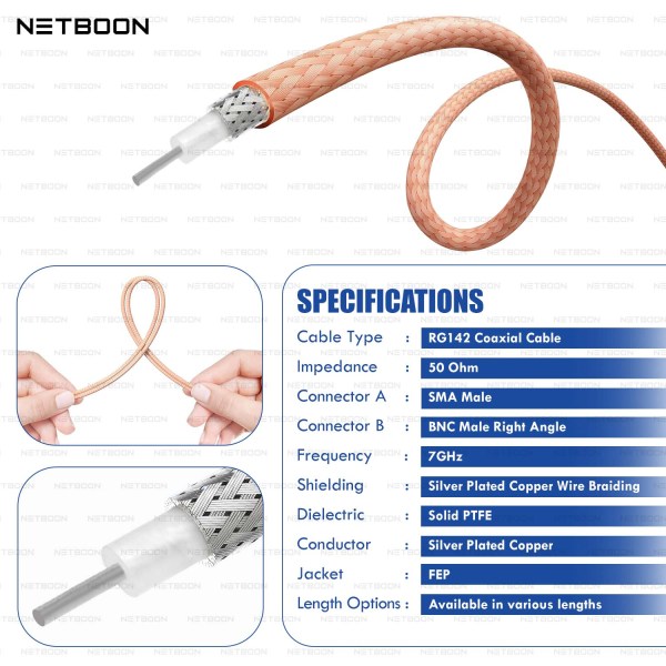 RG142 Low Loss Coaxial Cable with SMA Male to BNC Male Right Angle Connector | High-Performance PTFE RF Cable for SDR, IoT & Industrial Use