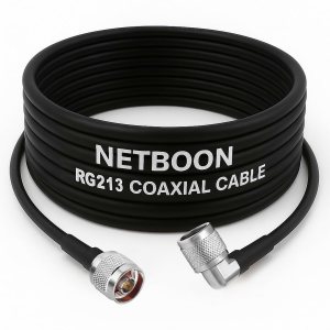 RG213 Ultra Low Loss Flexible RF Coaxial Cable Assembly with N Male to N Male Right Angle Connector for Telecom, Wireless, Testing & Industrial RF Use (1) RG213 Ultra Low Loss Flexible RF Coaxial Cable Assembly with N Male to N Male Right Angle Connector for Telecom, Wireless, Testing & Industrial RF Use
