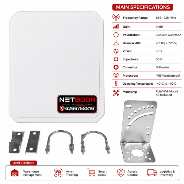 NETBOON 9dBi UHF RFID Panel Antenna (866–925 MHz) High-Gain Directional RFID Reader for FASTag, Toll Collection & Asset Tracking (7) 9dBi UHF RFID Panel Antenna (866–925 MHz) | High-Gain Directional RFID Reader for FASTag, Toll Collection & Asset Tracking