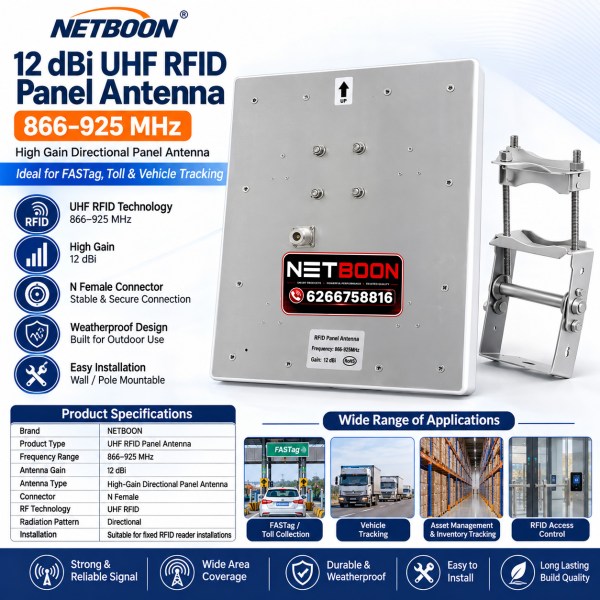 12dbi rfid panel antenna for fasttag scanner device zebra (2) 12 dBi UHF RFID Panel Antenna (866–925 MHz) | High-Gain Directional RFID Reader Antenna for FASTag, Toll Collection, Vehicle Tracking, Asset Management & Access Control Systems