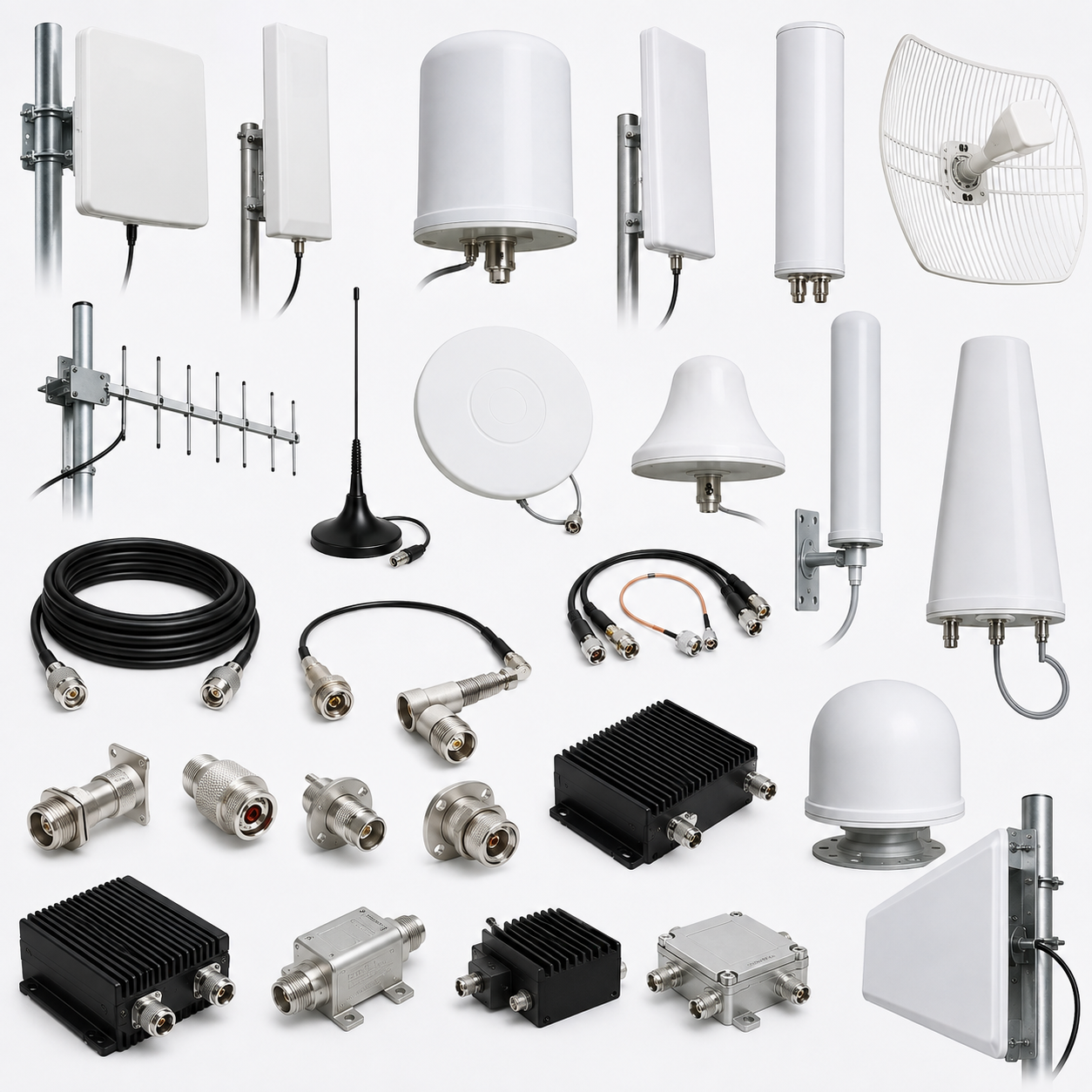 5G RF antennas, RF filters and duplexers. Power amplifiers, 5G RF modules, RF components, Splitter, combiner