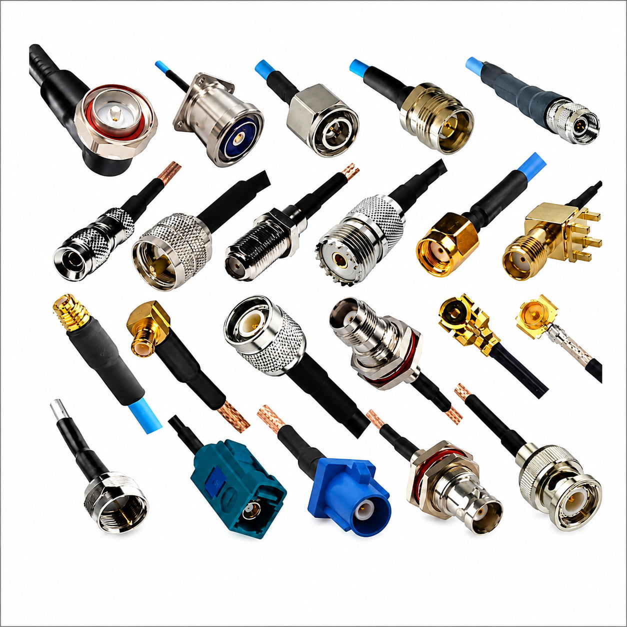SMA connector, SMB connector, SMC connector, SSMA connector, SSMB connector, BNC connector, TNC connector, N-Type connector, F-Type connector, UHF connector, QMA connector, QN connector, MCX connector, MMCX connector, FME connector, RP-SMA connector, RP-TNC connector